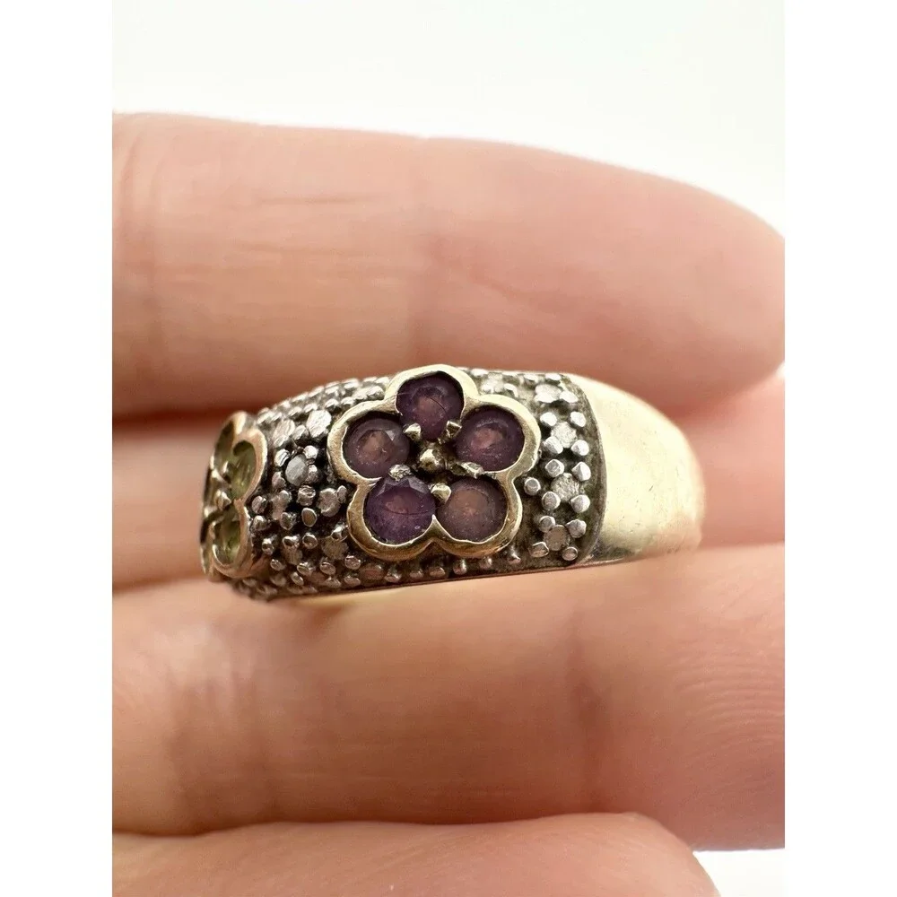 925 Sterling Silver Natural Garnet Peridot Amethyst Diamond Flower Ring Size 6